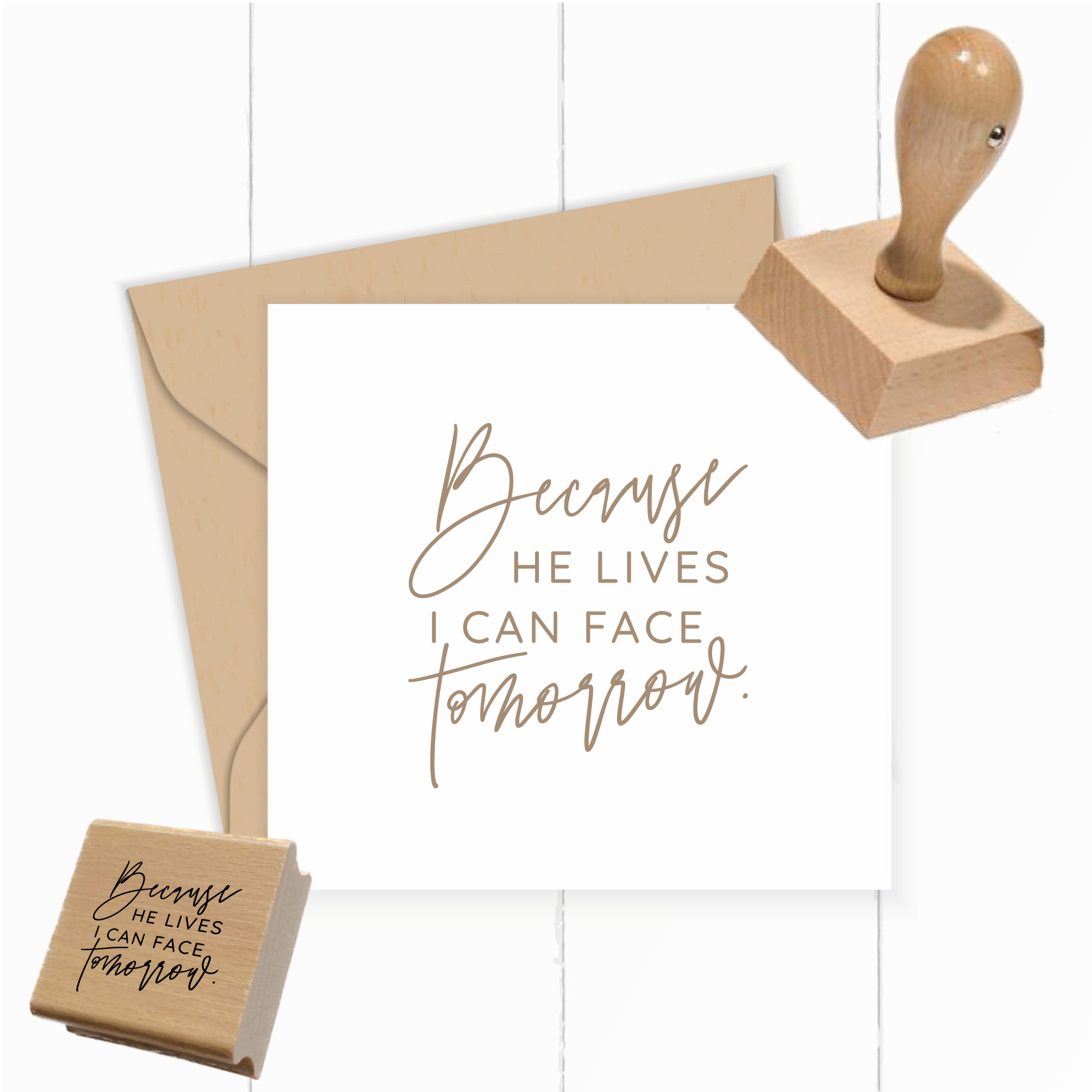 Segensstempel "Because He lives I can face tomorrow" – Christlicher Stempel | Englisch
