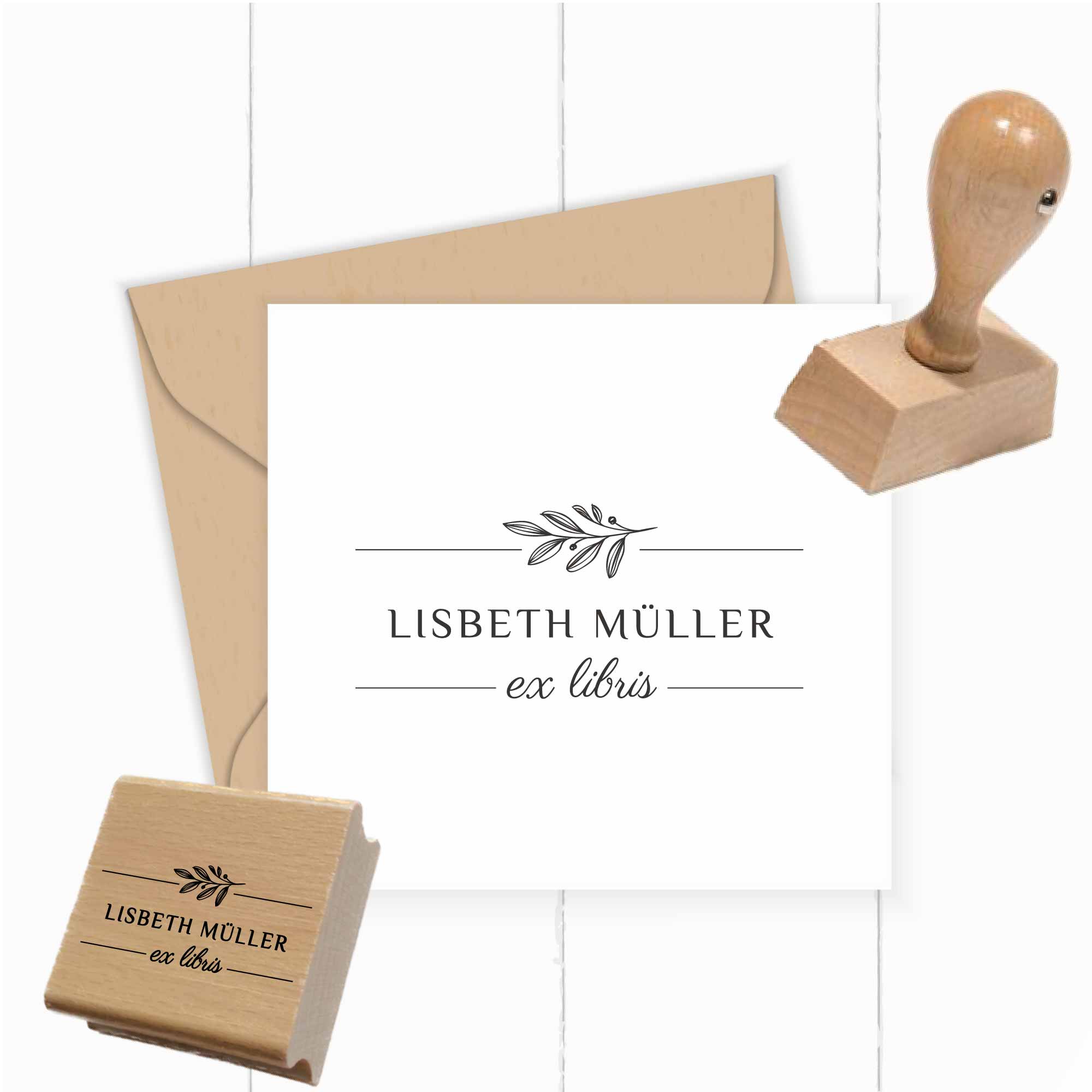 Eleganter Ex Libris Stempel | mit Zweig und deinem Wunschnamen