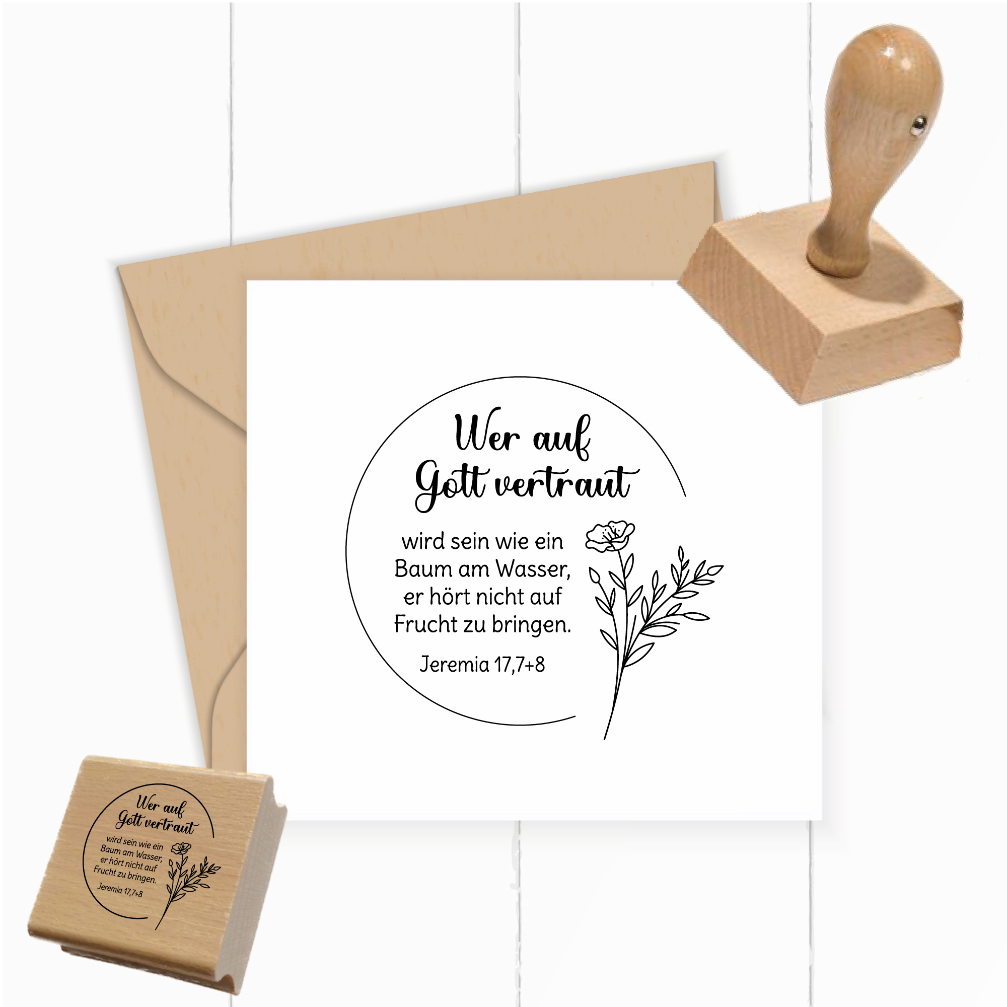 Bibelvers-Stempel "Wer auf Gott vertraut wird sein wie ein Baum am Wasser" nach Jeremia 17,7+8 