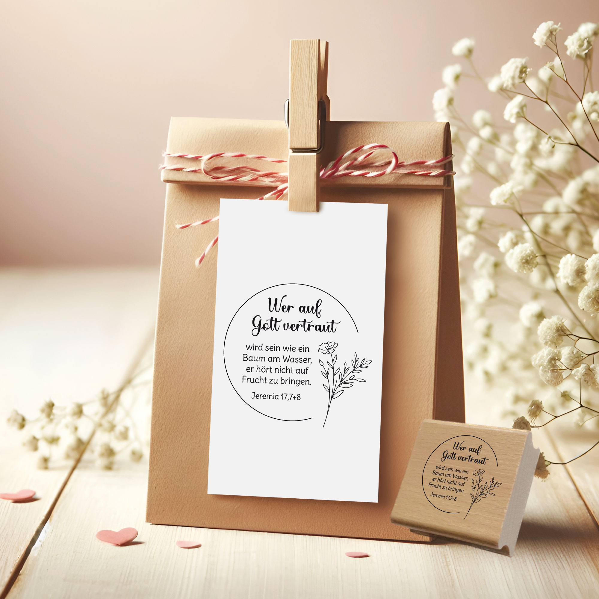 Bibelvers-Stempel "Wer auf Gott vertraut wird sein wie ein Baum am Wasser" nach Jeremia 17,7+8 