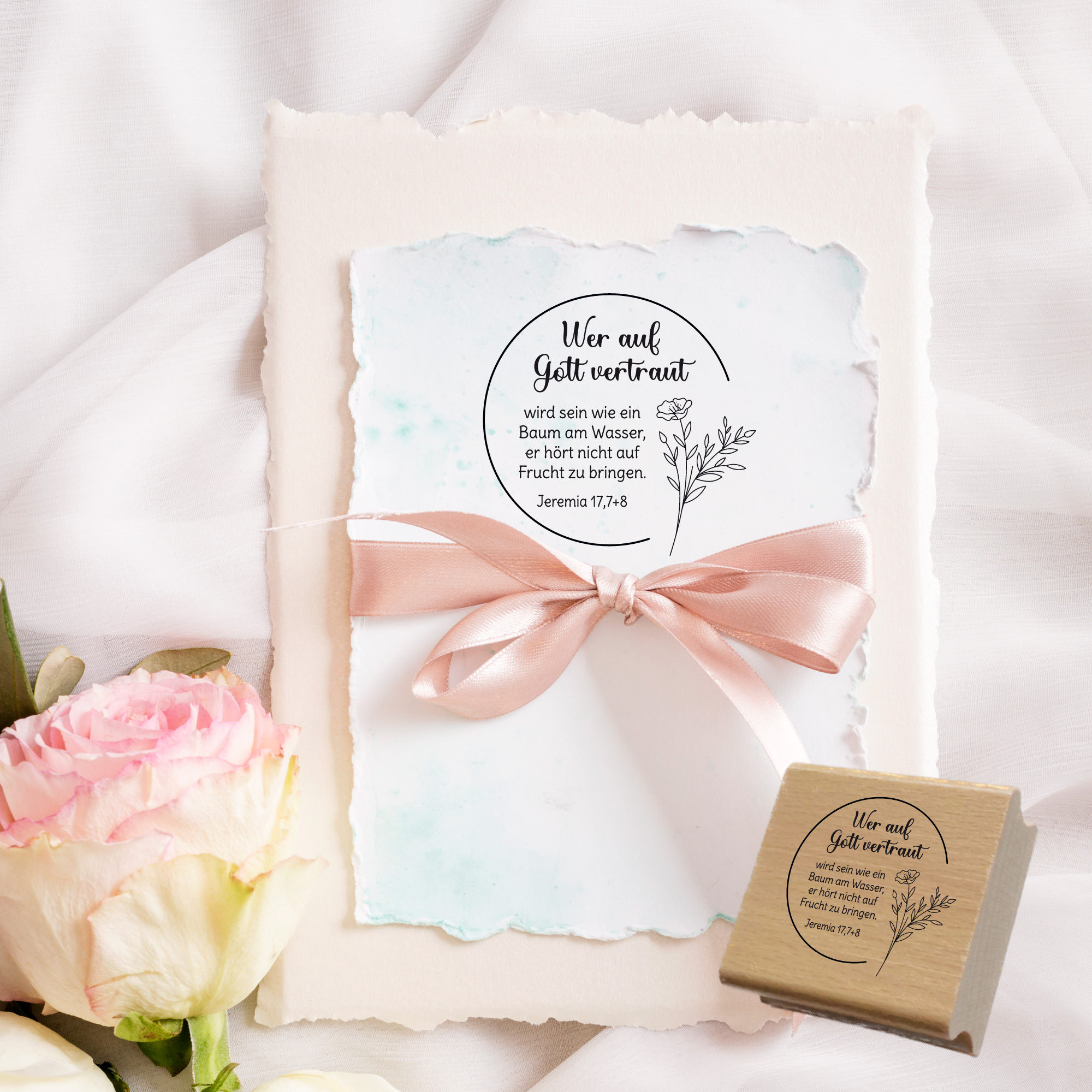 Bibelvers-Stempel "Wer auf Gott vertraut wird sein wie ein Baum am Wasser" nach Jeremia 17,7+8 