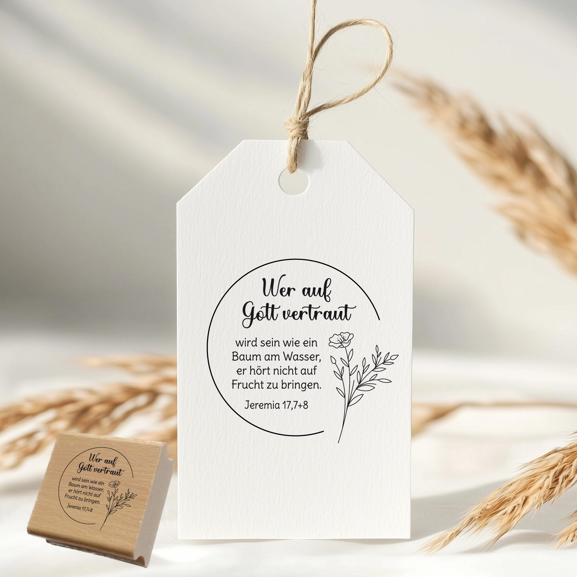 Bibelvers-Stempel "Wer auf Gott vertraut wird sein wie ein Baum am Wasser" nach Jeremia 17,7+8 