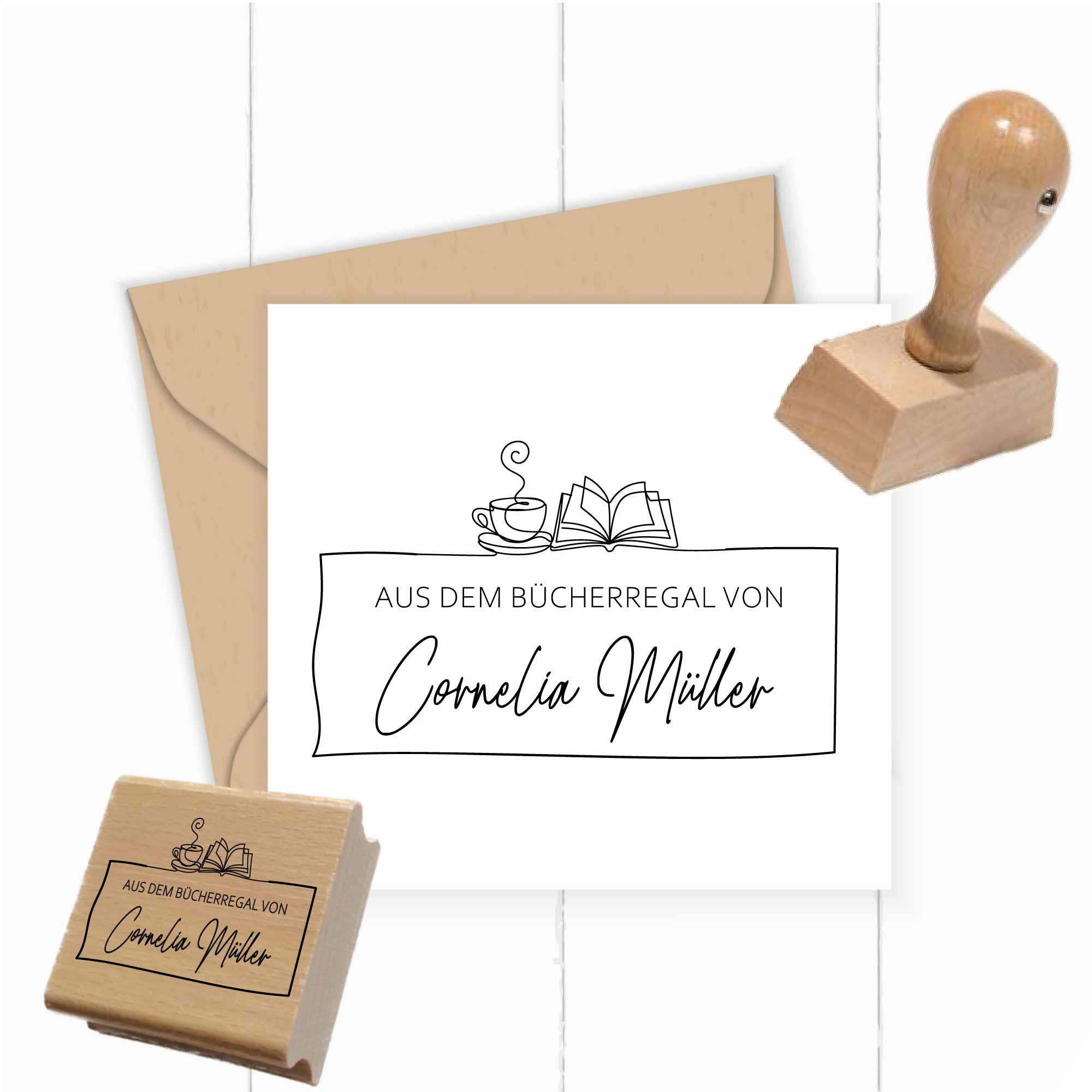 personalisierter Exlibris Stempel <br>Buch & Tasse für Lesegenuss mit Stil