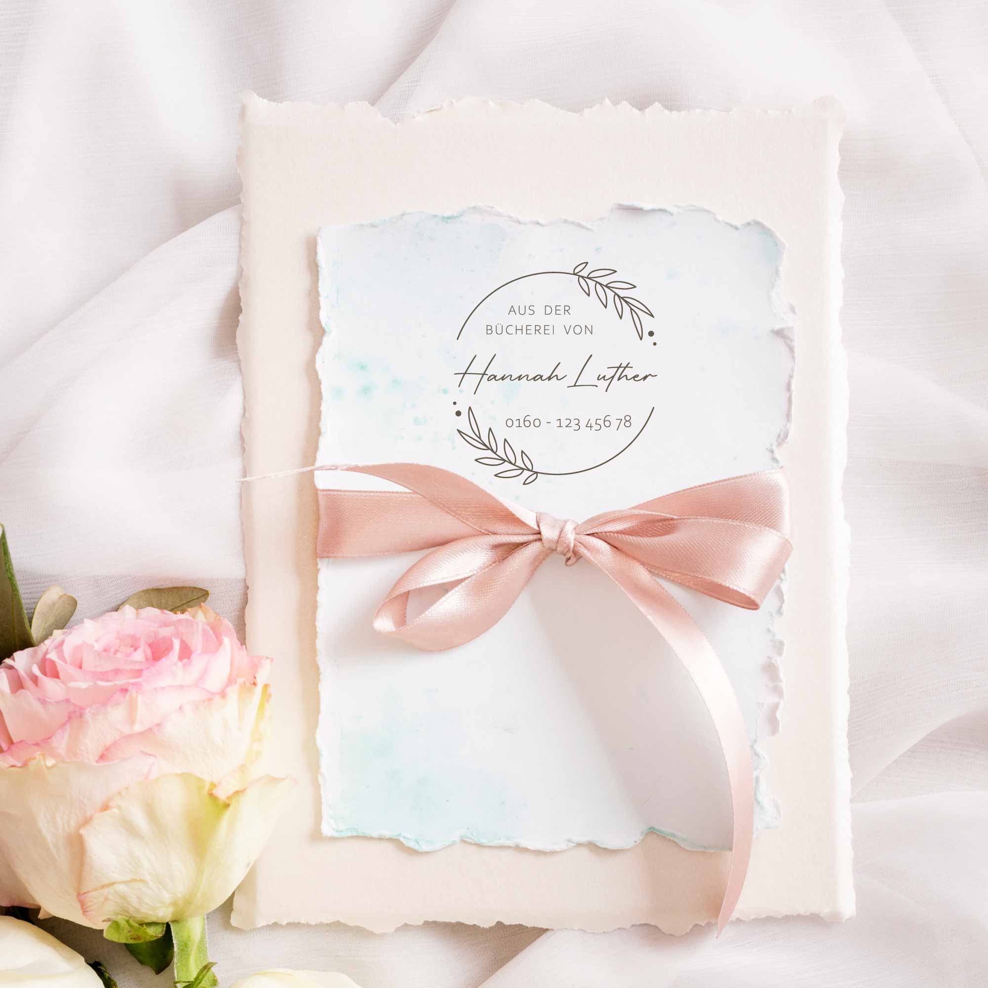 Exlibris Stempel | Blätterkranz – mit Name & Telefonnummer