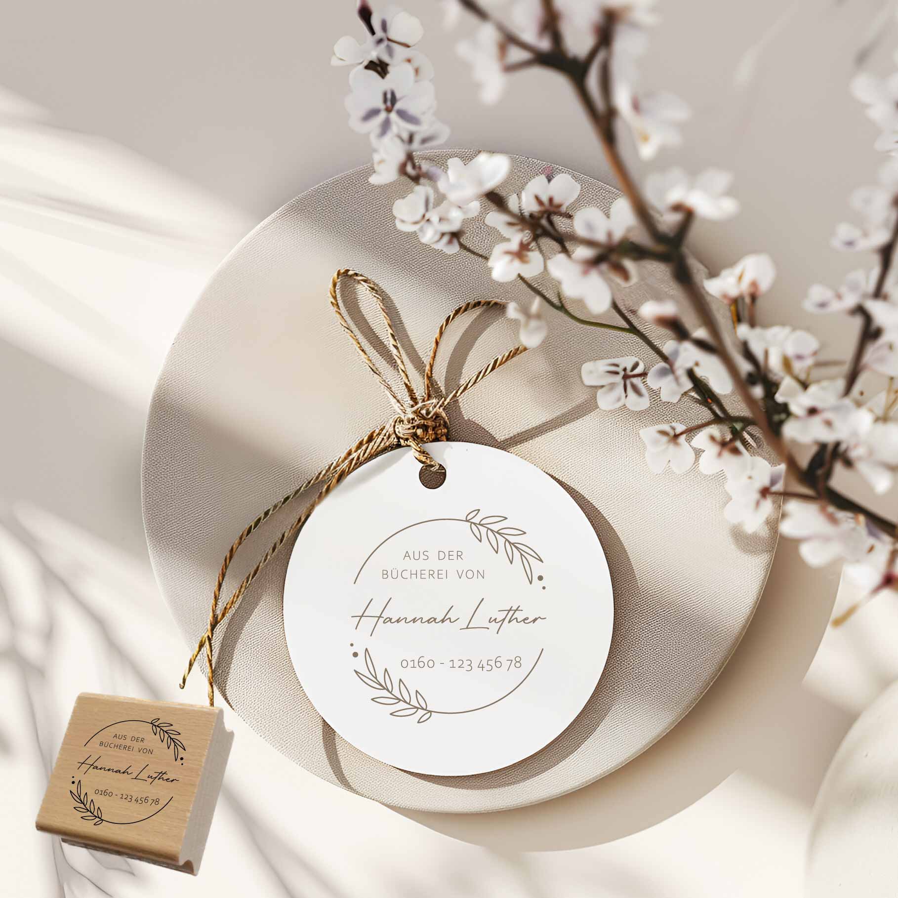 Exlibris Stempel | Blätterkranz – mit Name & Telefonnummer