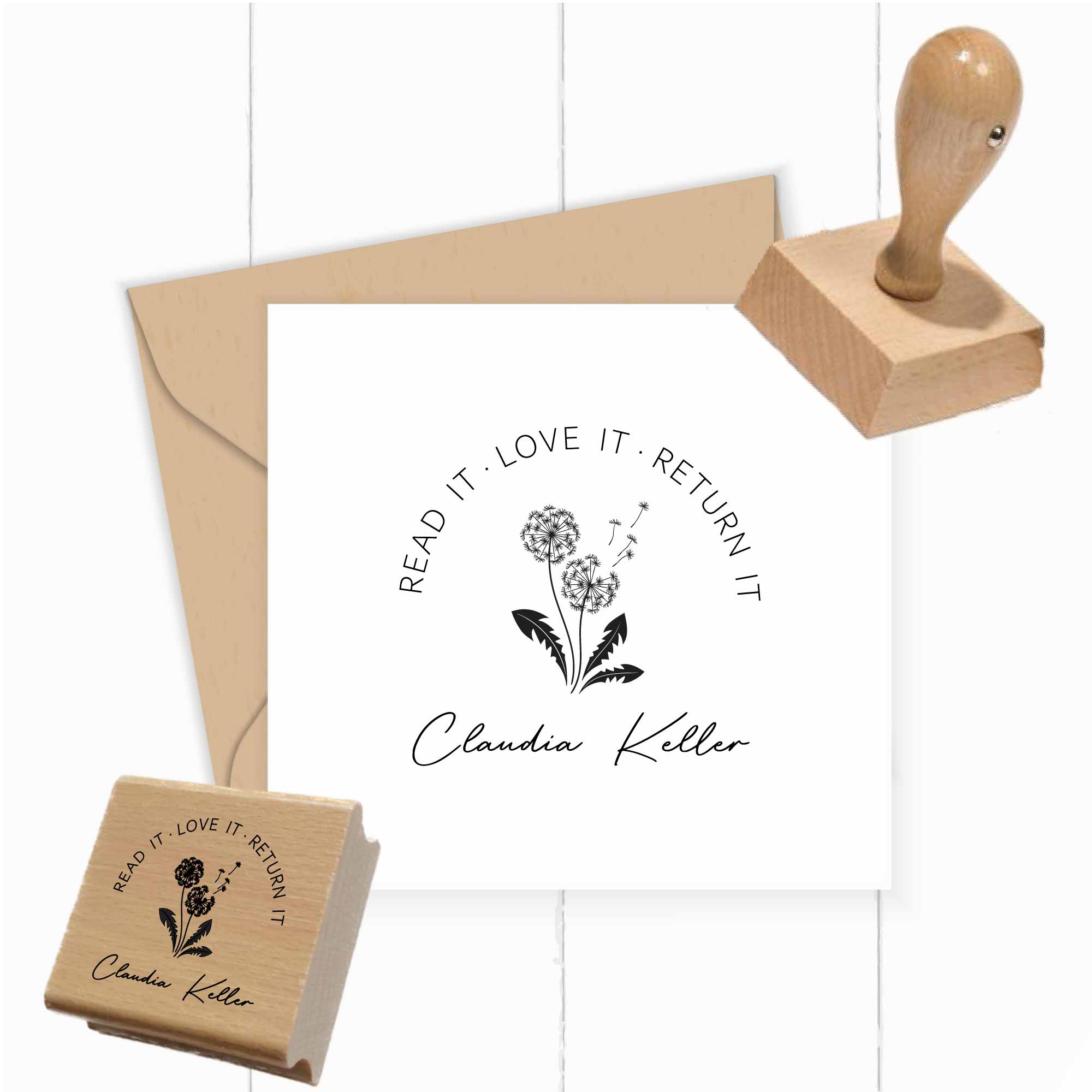 Bücherstempel mit Pusteblume Read it. Love it. Return it. 