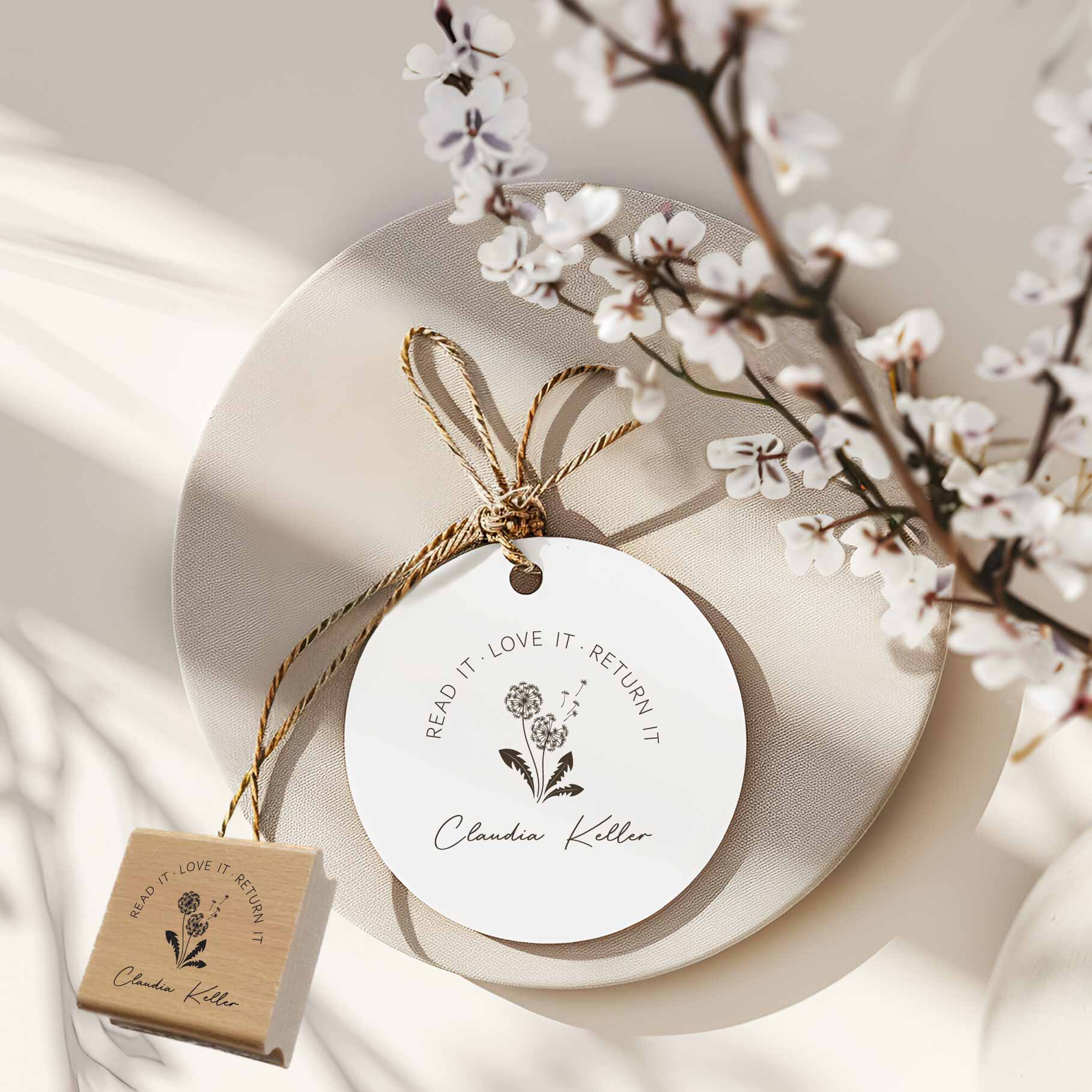 Bücherstempel mit Pusteblume Read it. Love it. Return it. 