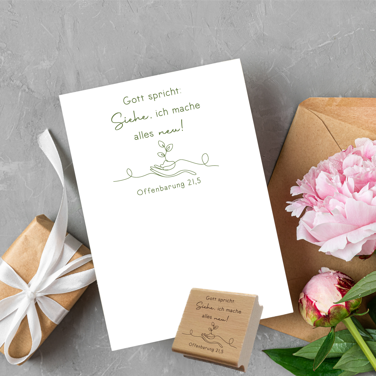 Stempel Jahreslosung 2026 "Gott spricht: Siehe, ich mache alles neu!" Pflanze