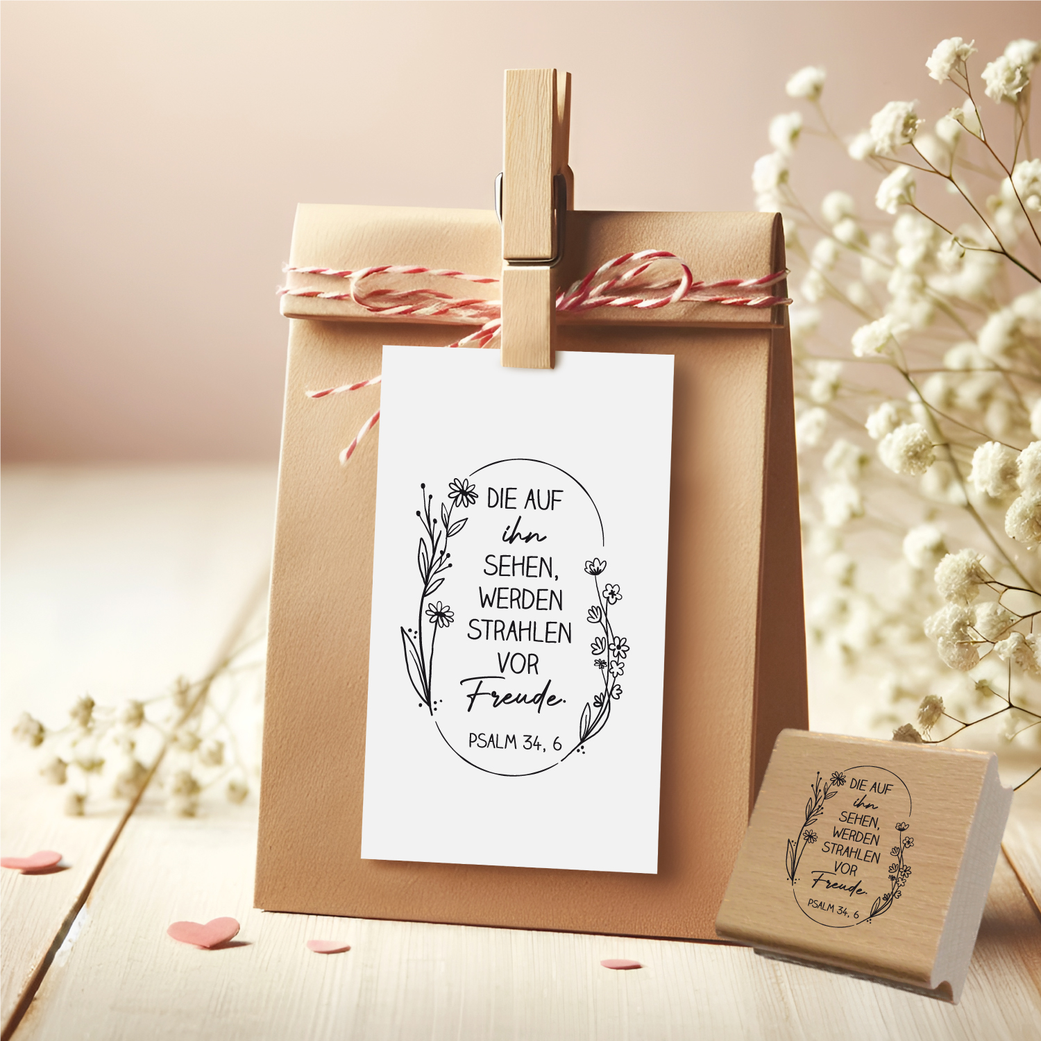 Bibelversstempel - Die auf den Herrn sehen werden strahlen vor Freude - Psalm 34,6