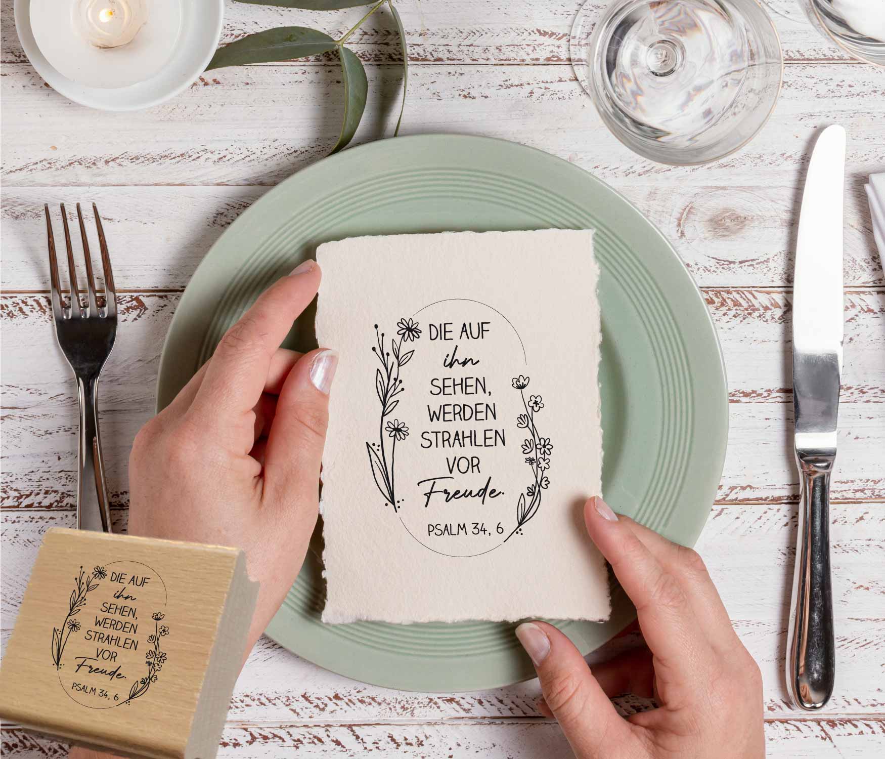 Bibelversstempel - Die auf den Herrn sehen werden strahlen vor Freude - Psalm 34,6