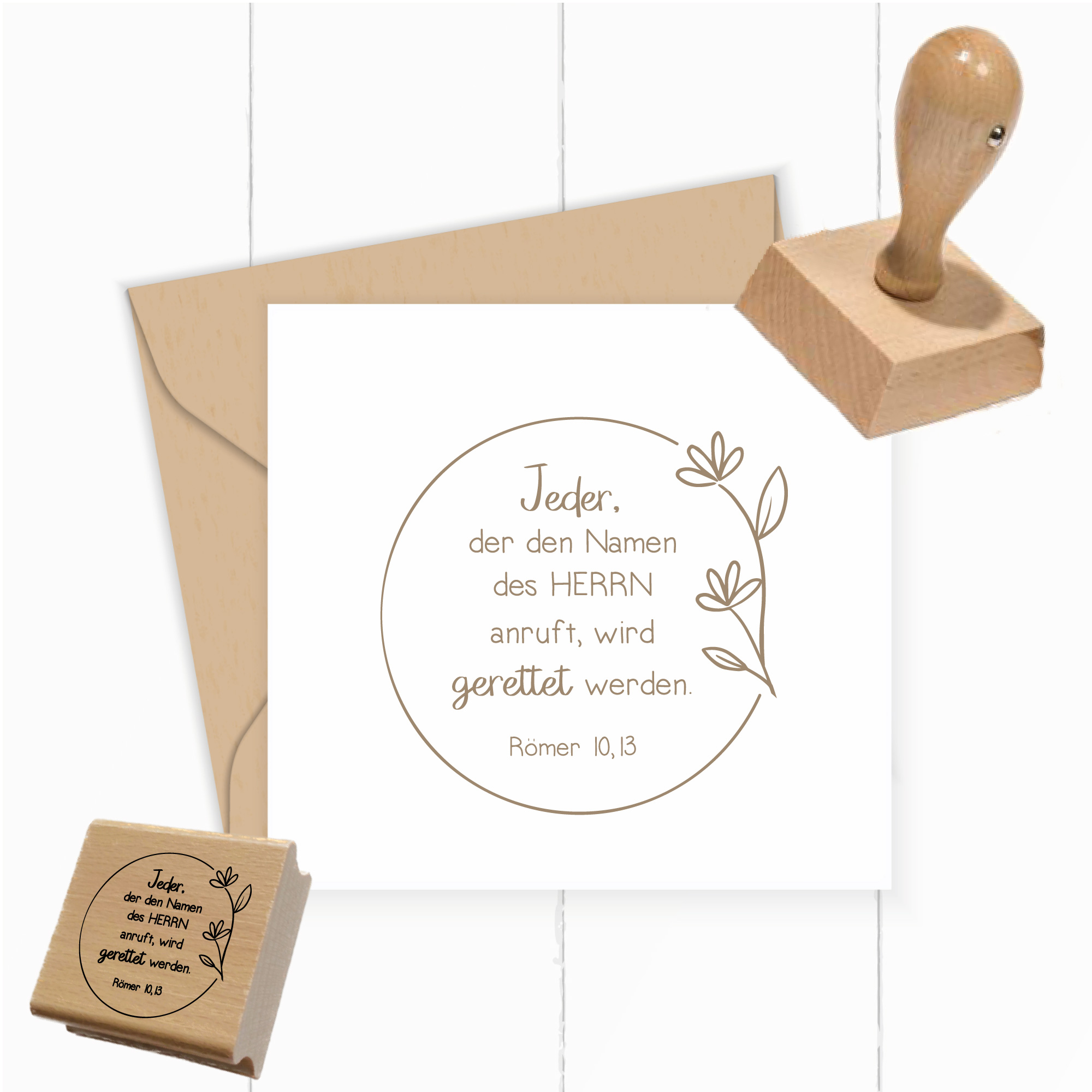 Bibelvers Stempel "Jeder, der den Namen des Herrn anruft, wird gerettet werden." Römer 10,13