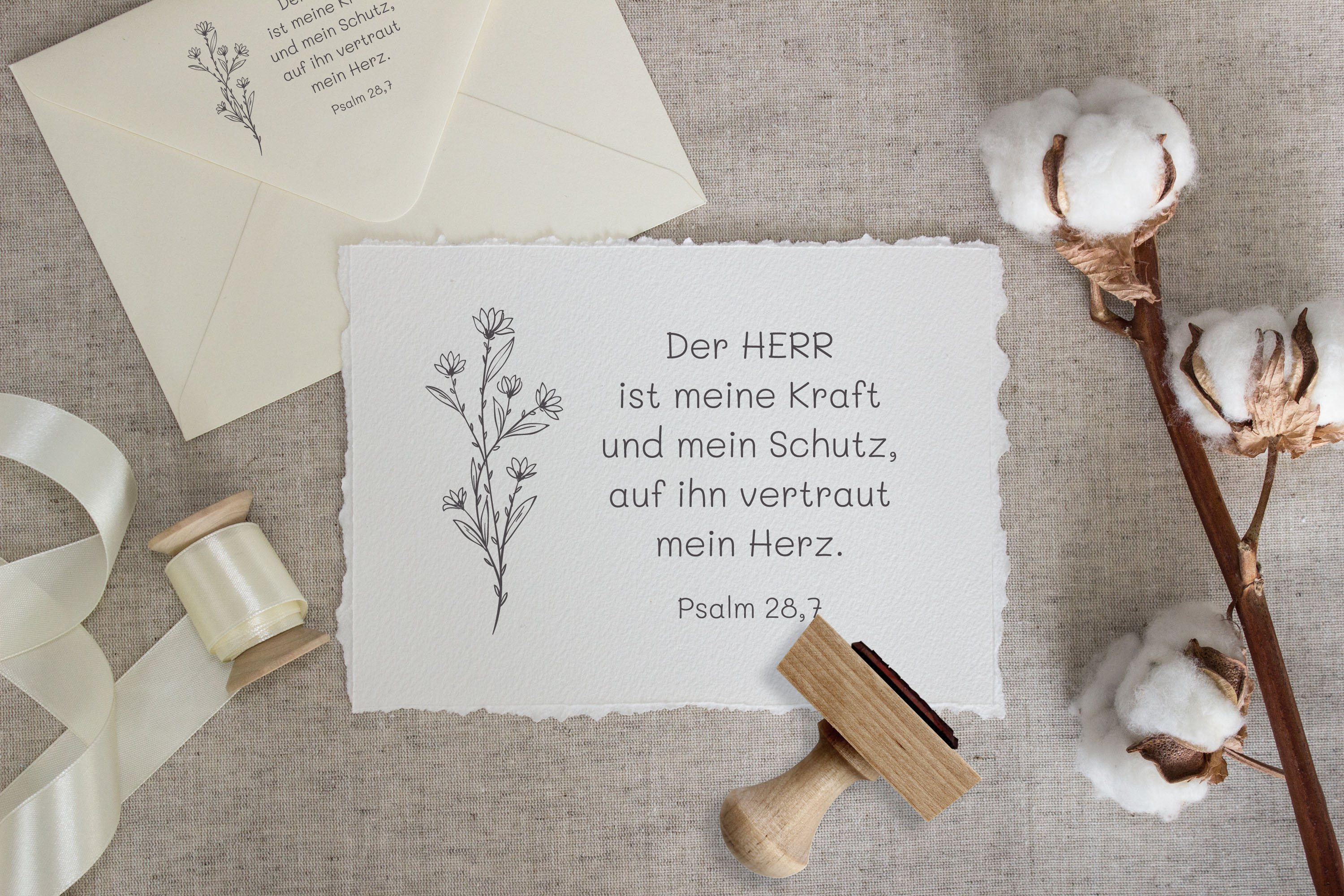 Floraler Bibelvers-STEMPEL "Psalm 28,7 - Der Herr ist meine Kraft"