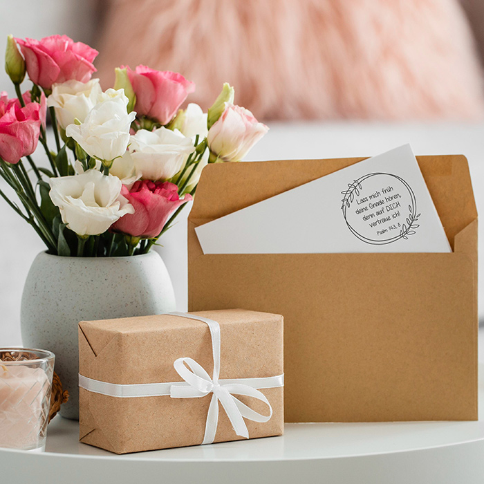 Bibelvers STEMPEL Blätterkranz "Psalm 143, 8 - auf DICH vertraue ich" 