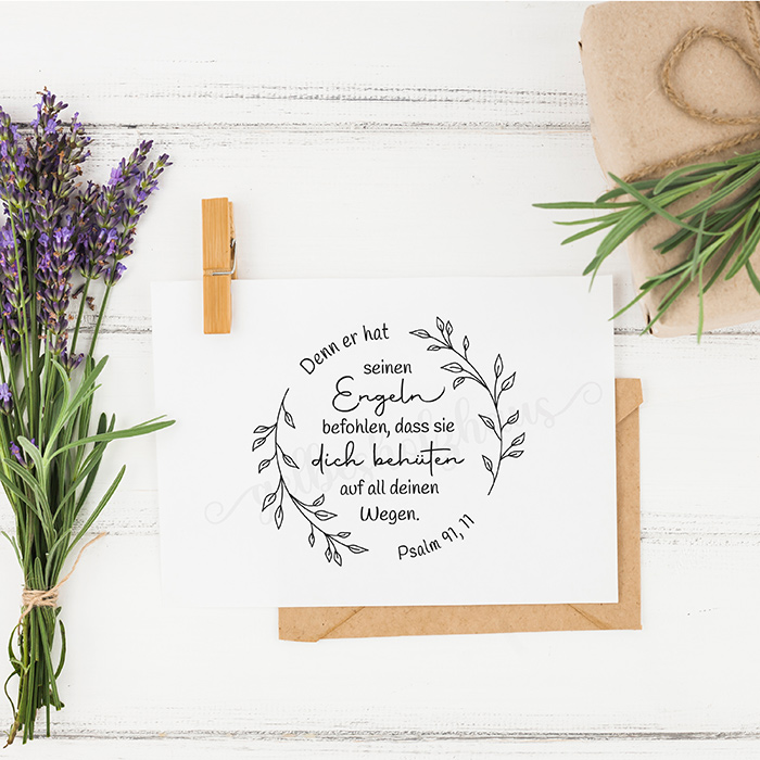 Bibelvers STEMPEL Blätterkranz "Psalm 91, 11 - Denn er hat seinen Engeln befohlen" 