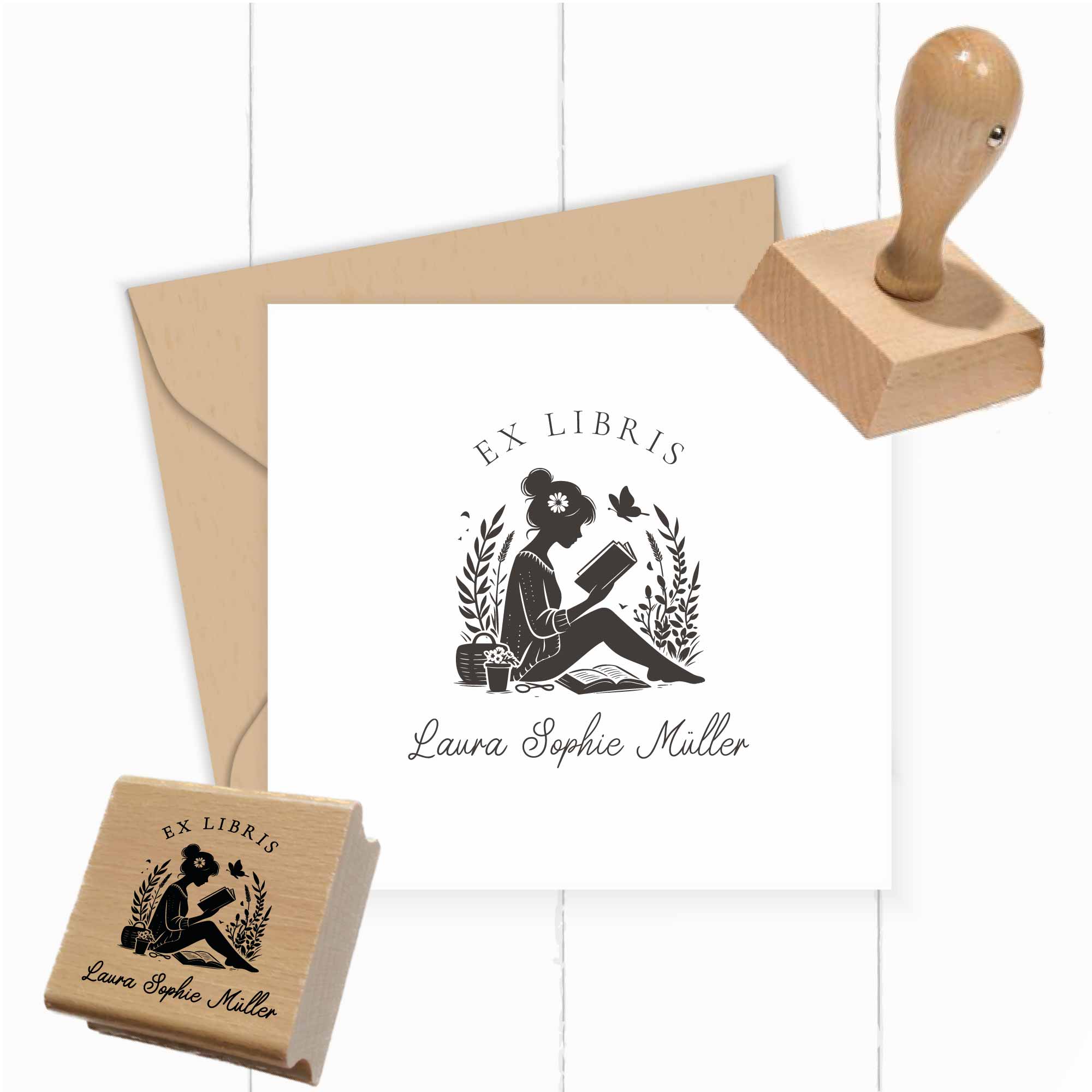 Ex Libris Stempel | lesendes Mädchen mit Schmetterling