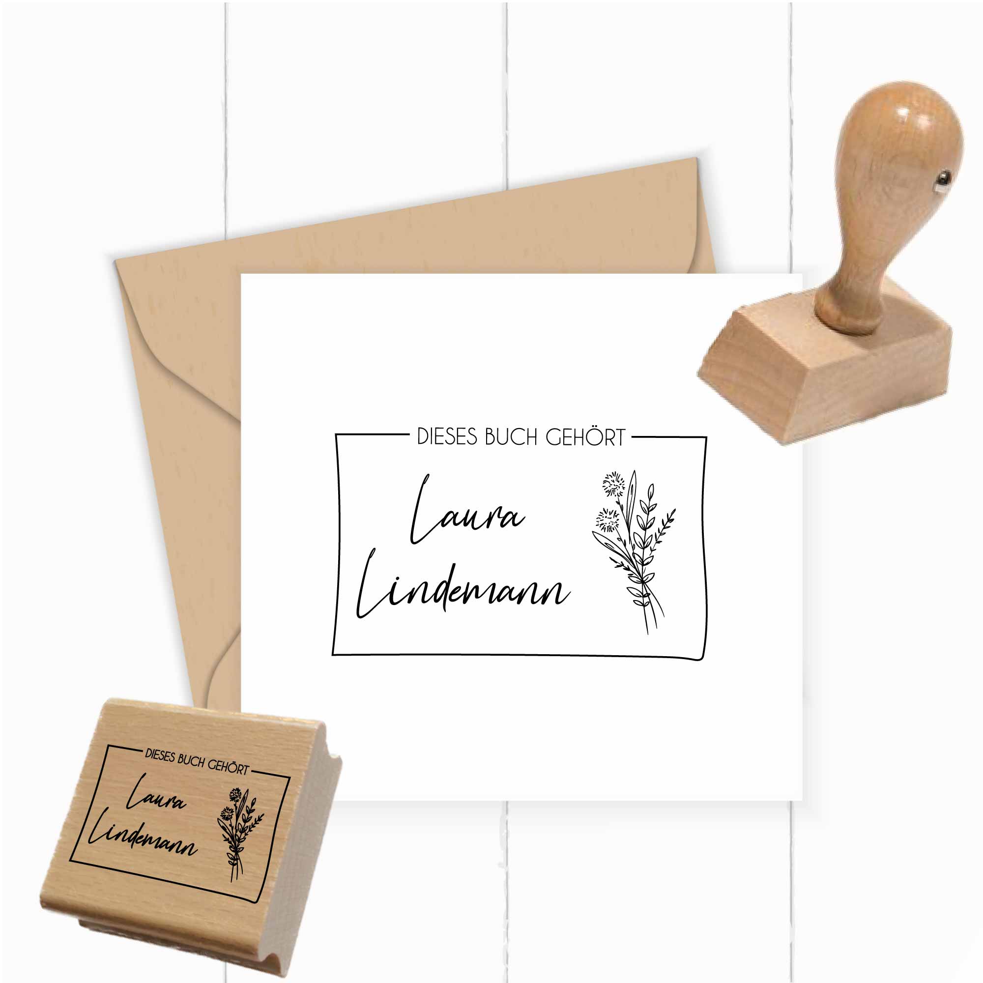 Bücherstempel – Blumenstrauß & Name | "Dieses Buch gehört"